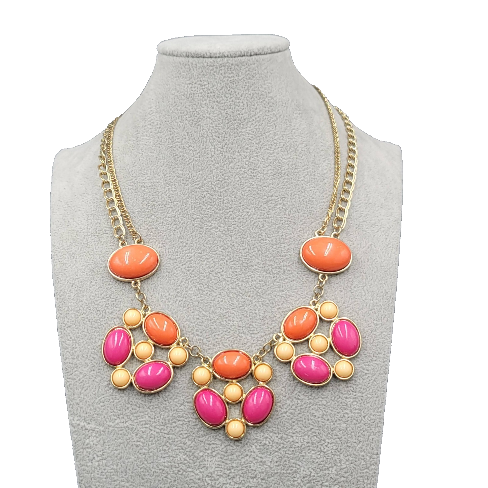 Statement Bib Necklace Pink Orange Gold tone Double Chain 18"-20"