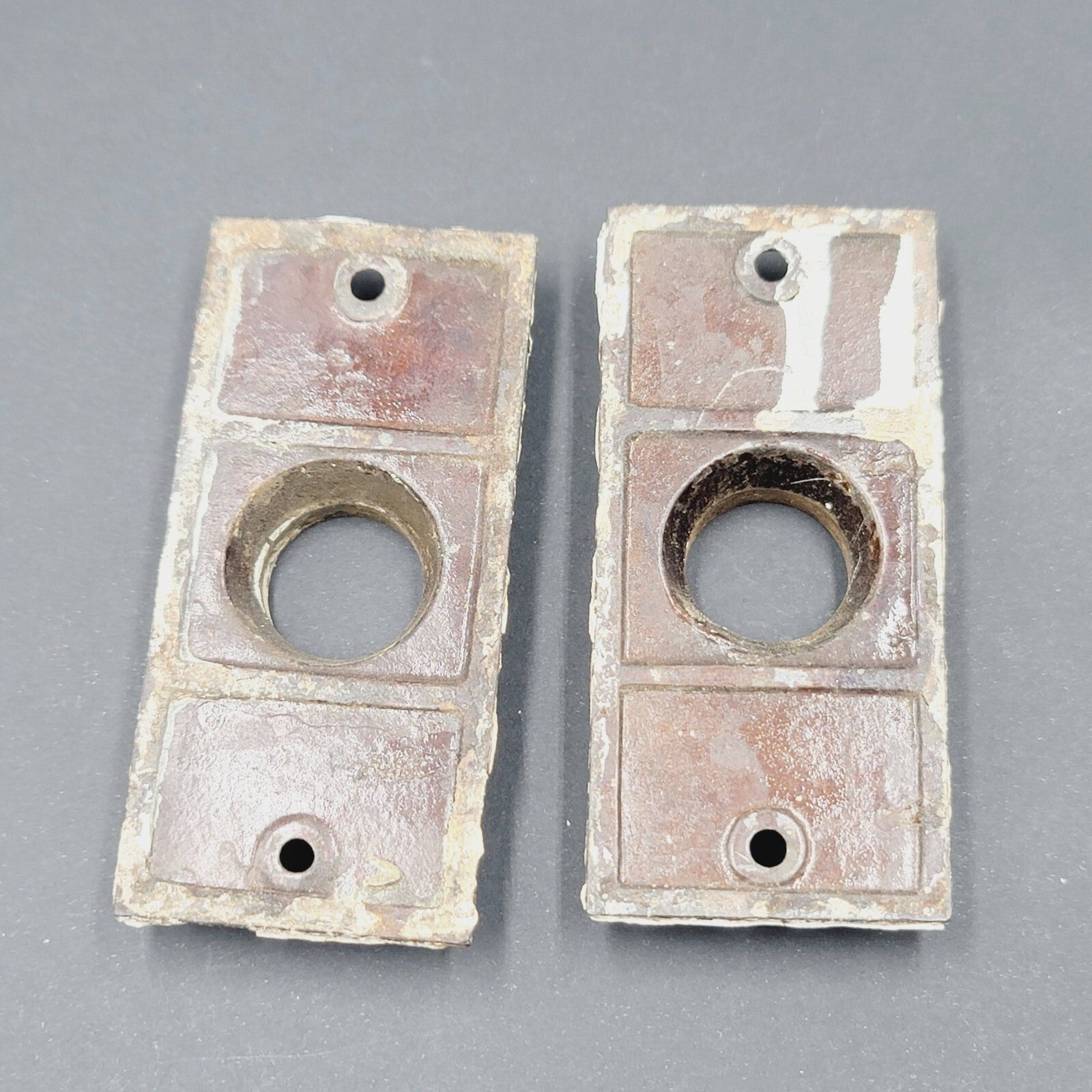Vintage PAIR Shabby Chic Doorknob Back Plate 3 1/2" x 1 5/8" Cast Iron