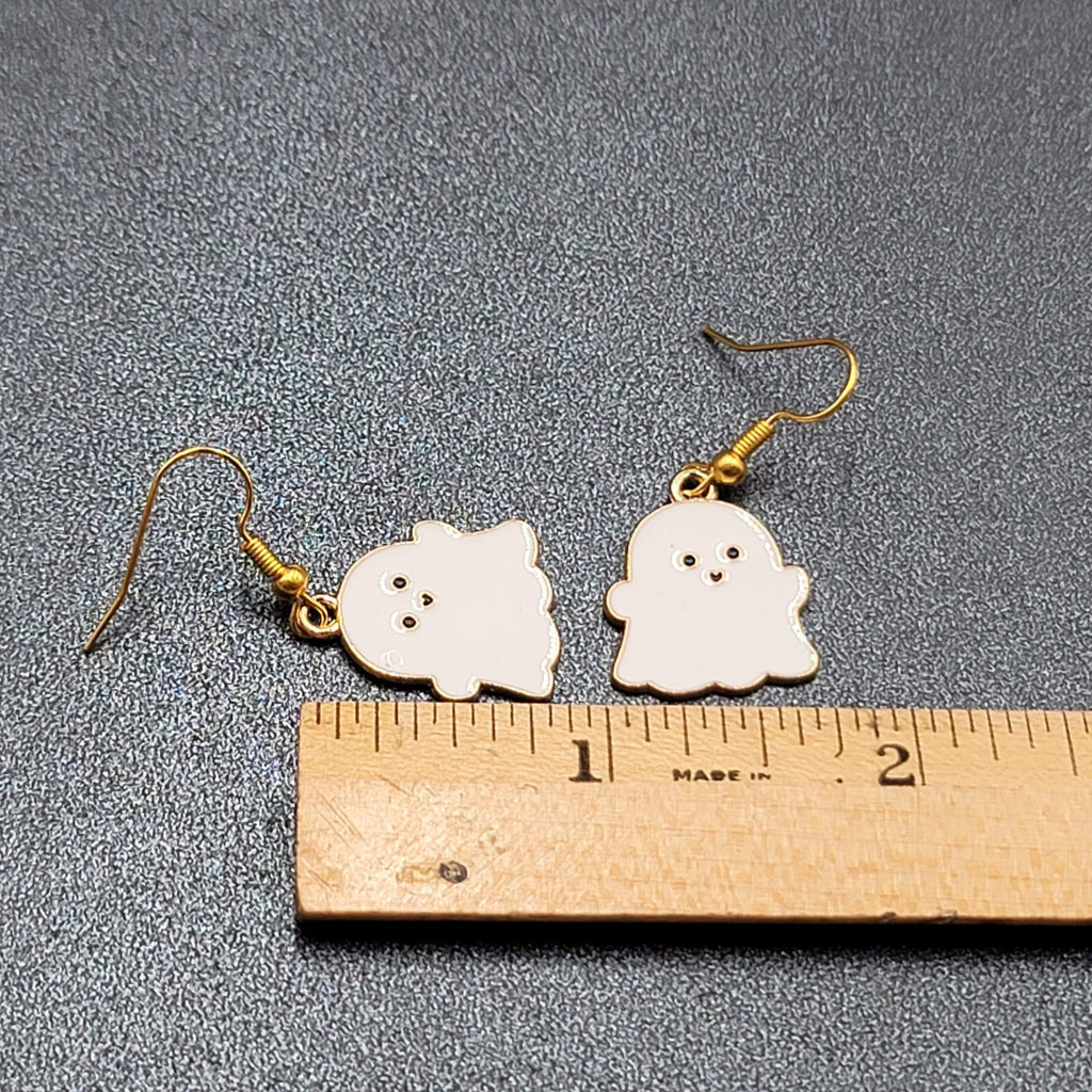 Ghost Halloween Pierced Earrings White Enamel Gold tone Enamel Dangle 3/4"
