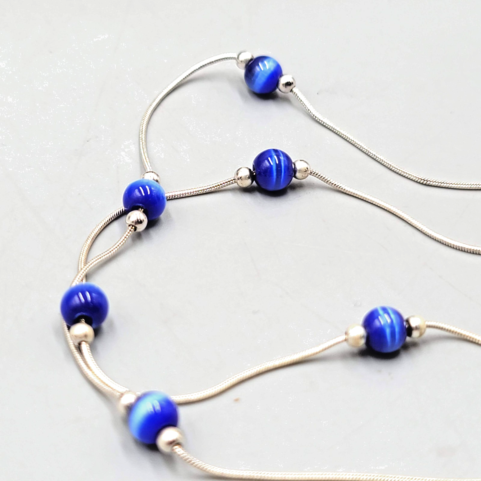 Royal Blue Cats Eye Station Sterling Silver Necklace 925 - 16"