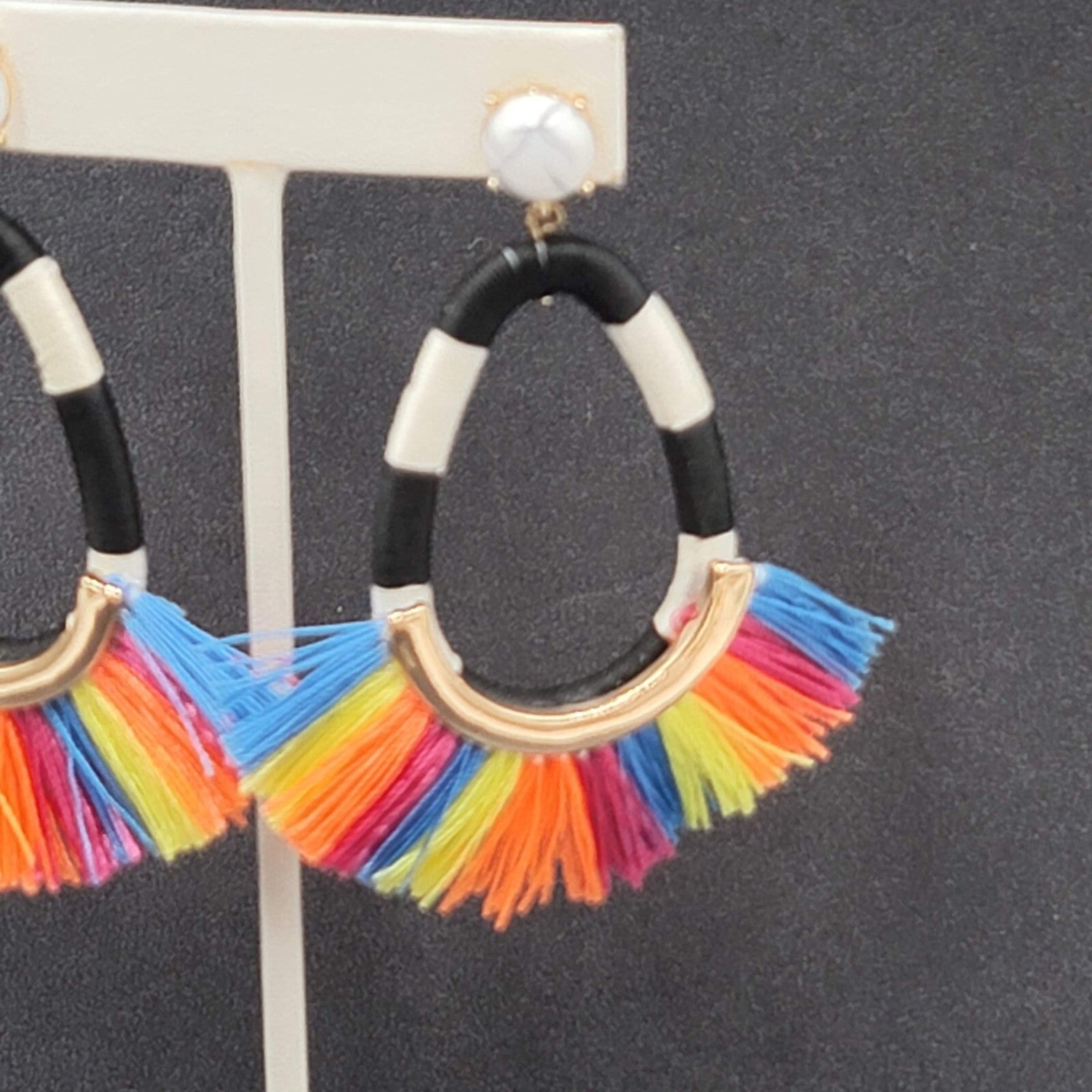 SugarFix Pierced Earrings Rainbow Black White Tassel Dangle Hoops 3"