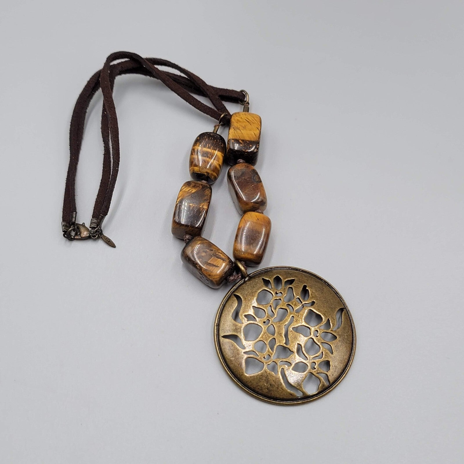 Avon Tigers Eye Stone Bead Necklace Bronze tone Medallion Leather Cord 16"