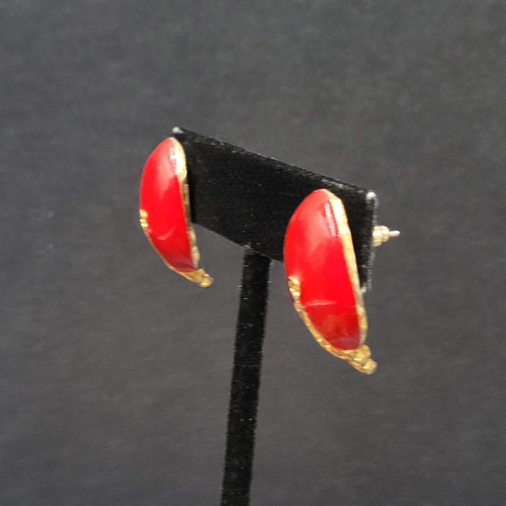 Vintage Pierced Earrings Gold tone Red Enamel Drop 1"