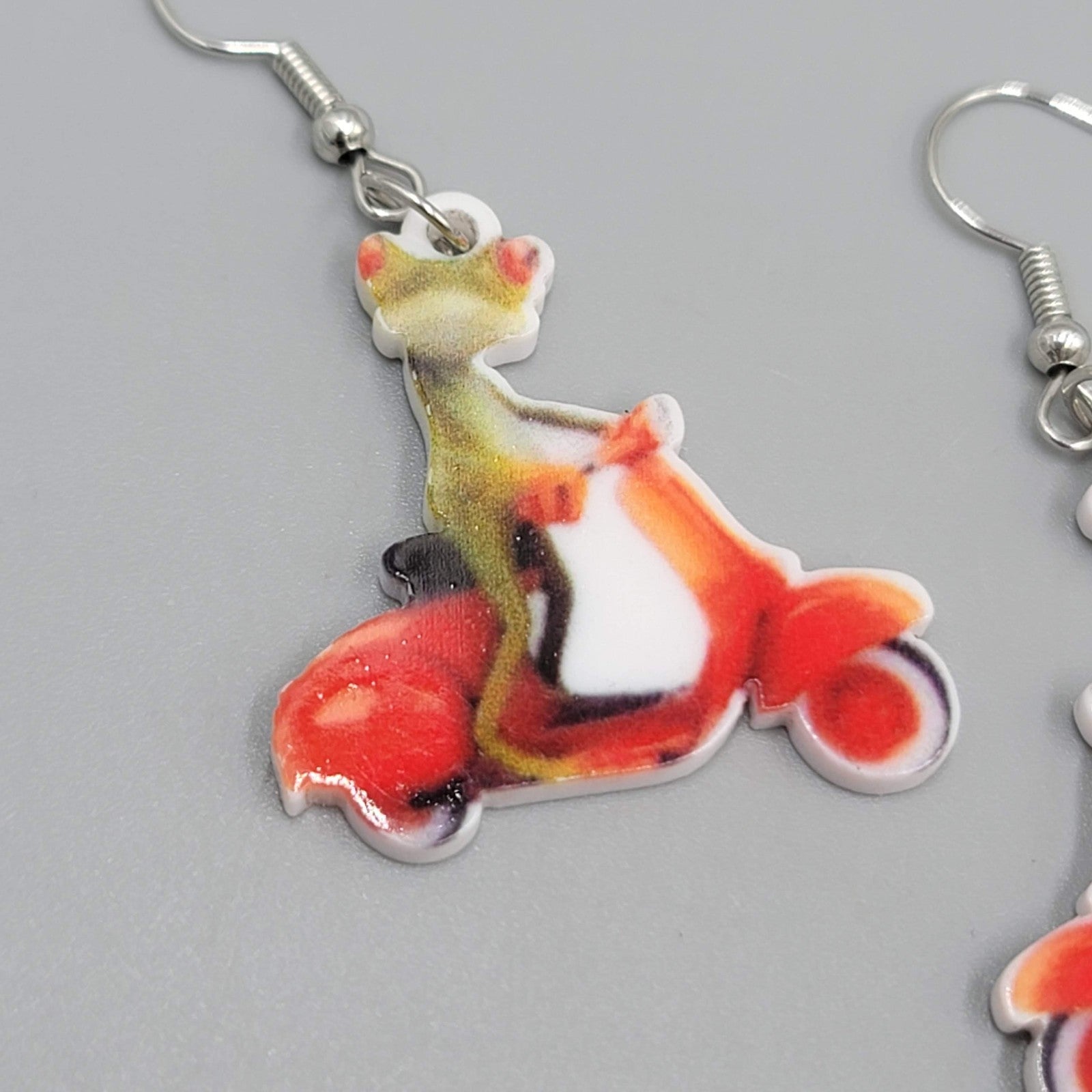 Lizard on a Scooter Pierced Earrings Silver tone Dangle  1.25 in