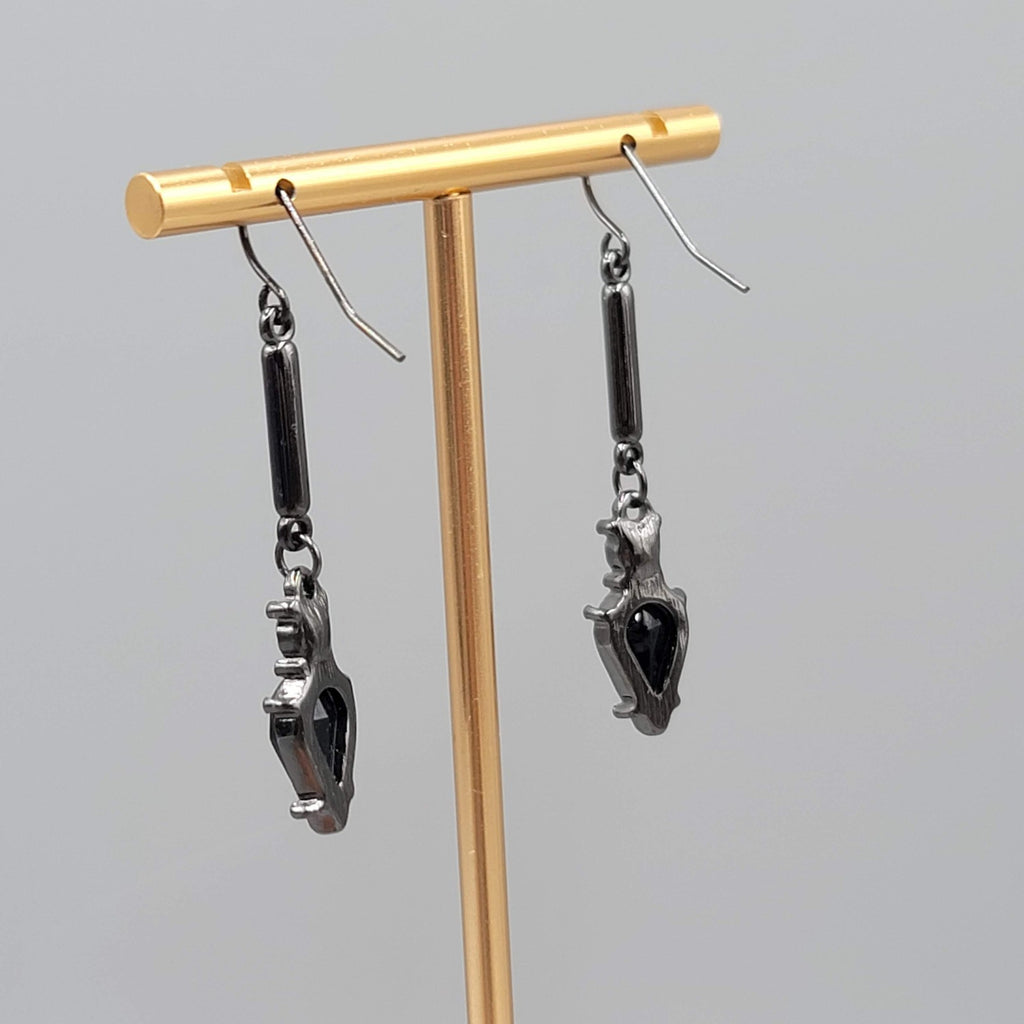 Black Metal Rhinestone Pierced Earrings Dangle 1.75 in