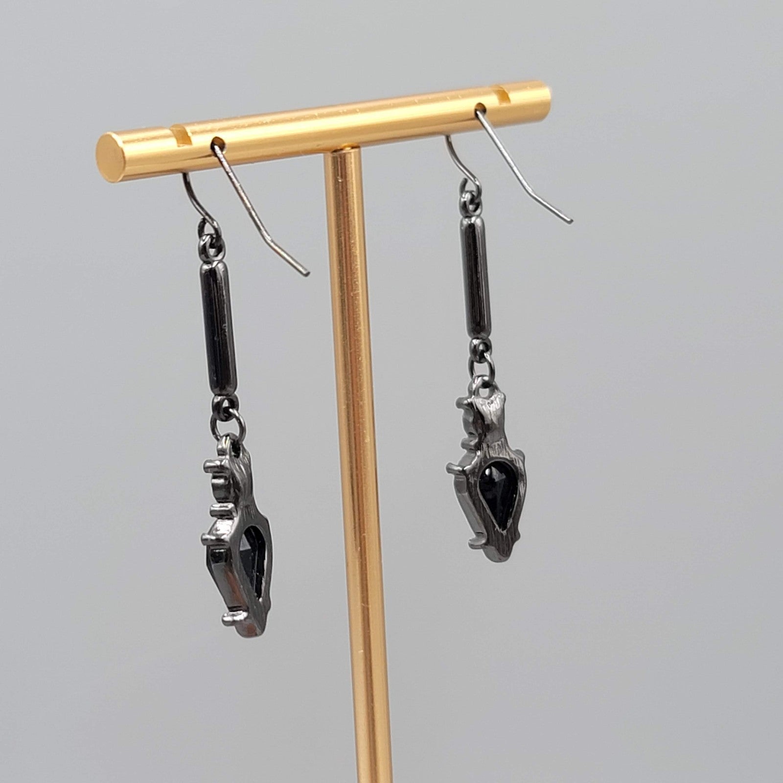 Black Metal Rhinestone Pierced Earrings Dangle 1.75 in