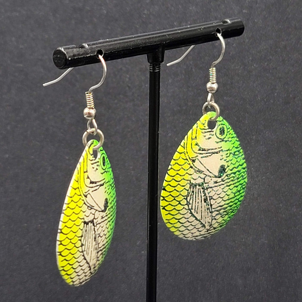 Fishing Lure Pierced Earrings Neon Green Yellow Teardrop Fish Dangle 1.5"