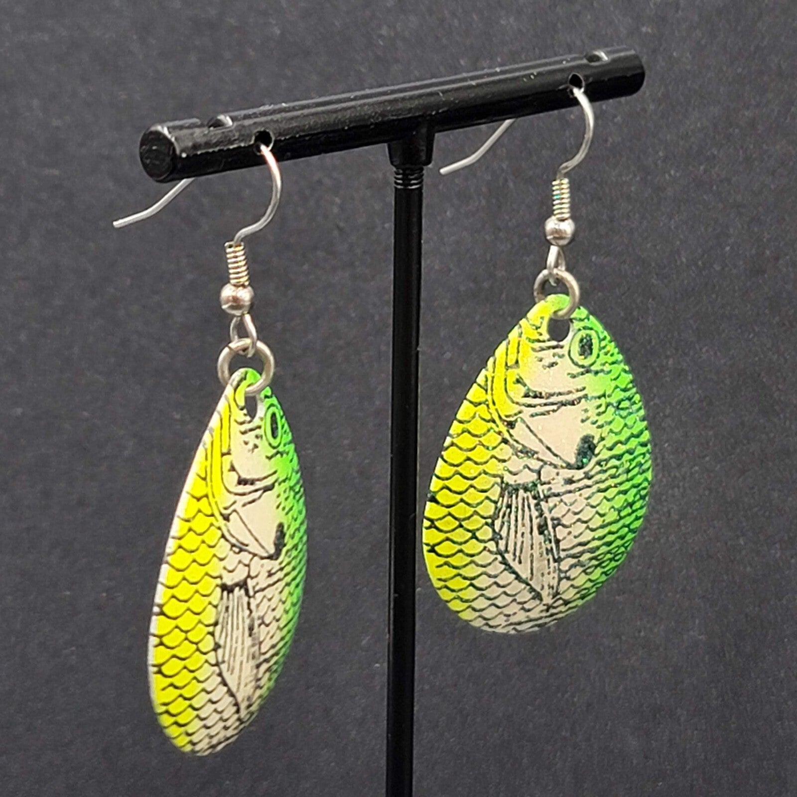 Fishing Lure Pierced Earrings Neon Green Yellow Teardrop Fish Dangle 1.5"