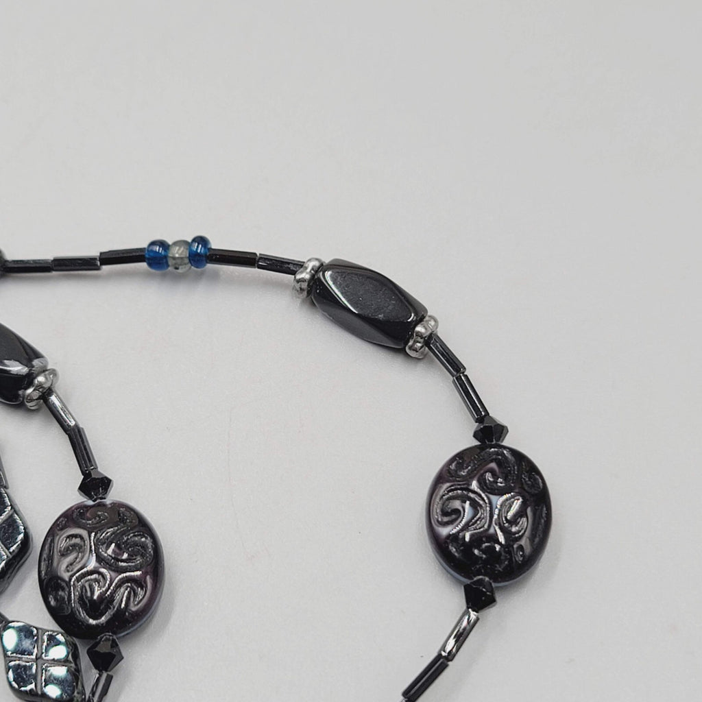 Black Glass Bead Necklace Silver tone LONG Hook Clasp 48"