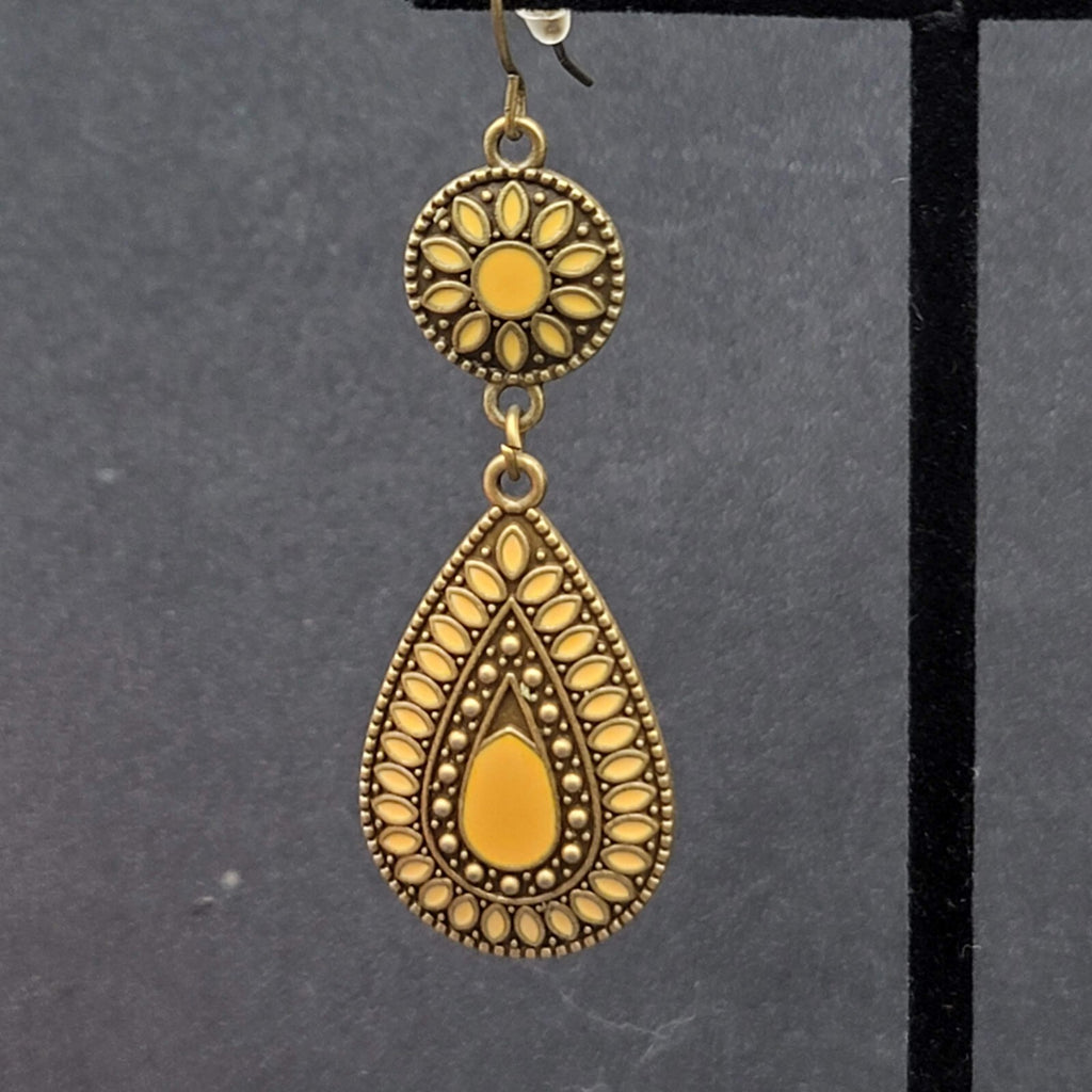 New Boho Pierced Earrings Antiqued Gold tone Lt Orange Enamel Teardrop Dangle 2"