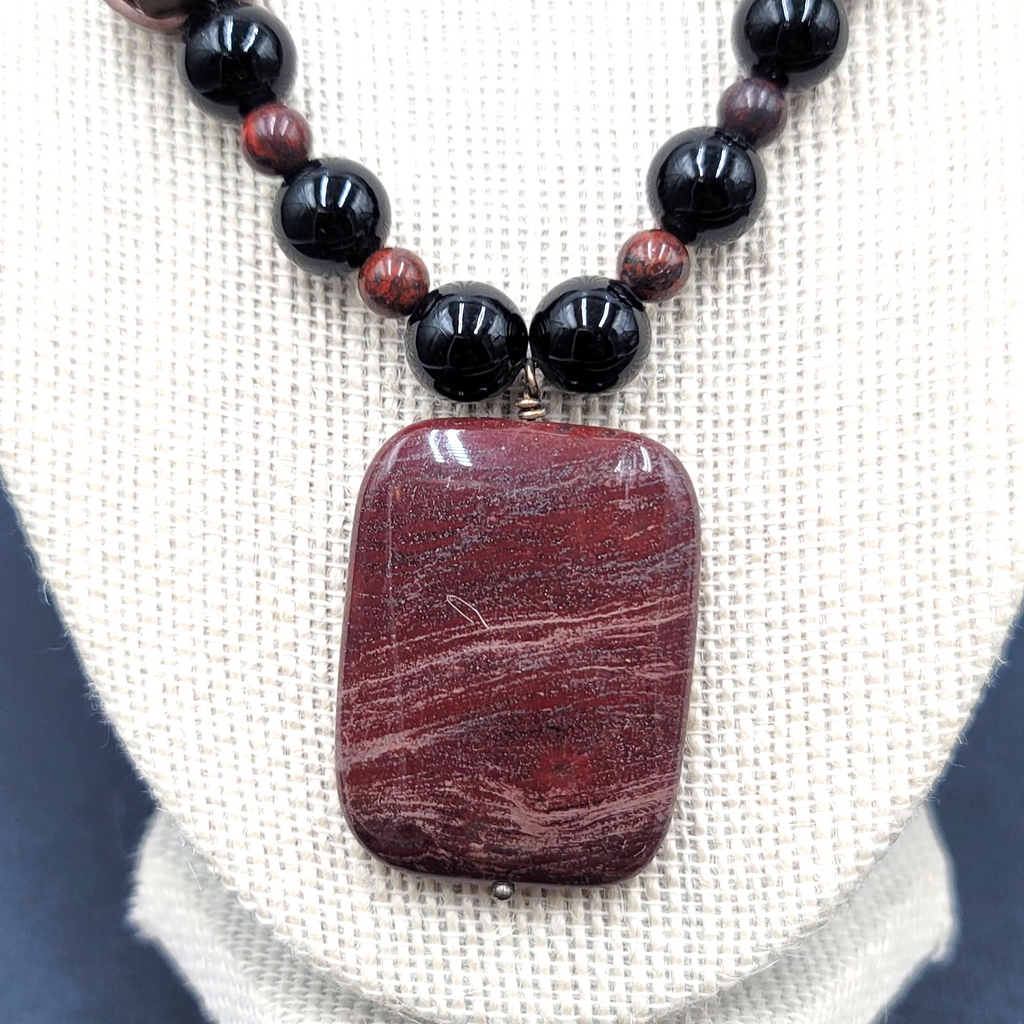 Brown Stone Pendant Necklace Black Glass Beads Toggle 18" Hand Carved Beads