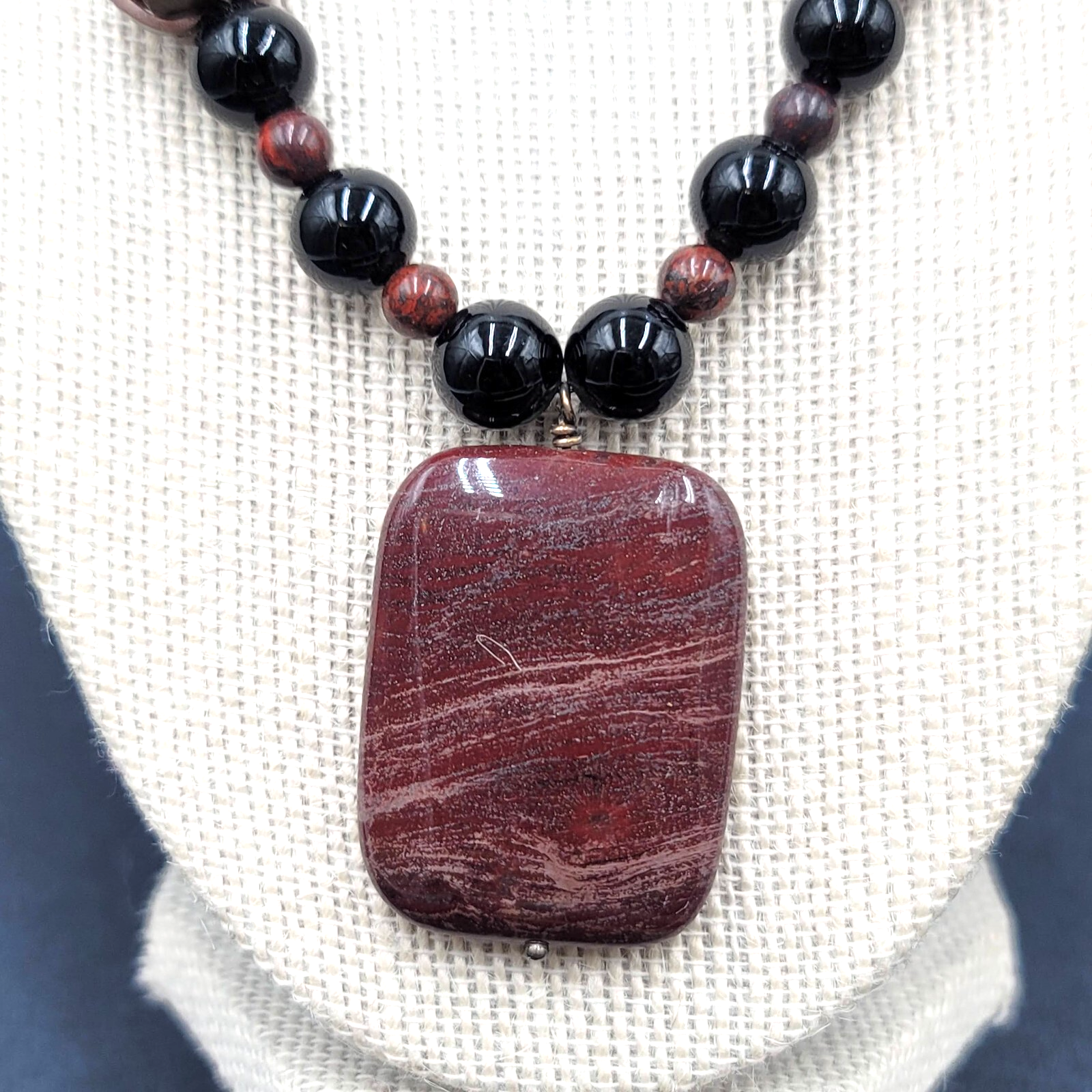 Brown Stone Pendant Necklace Black Glass Beads Toggle 18" Hand Carved Beads