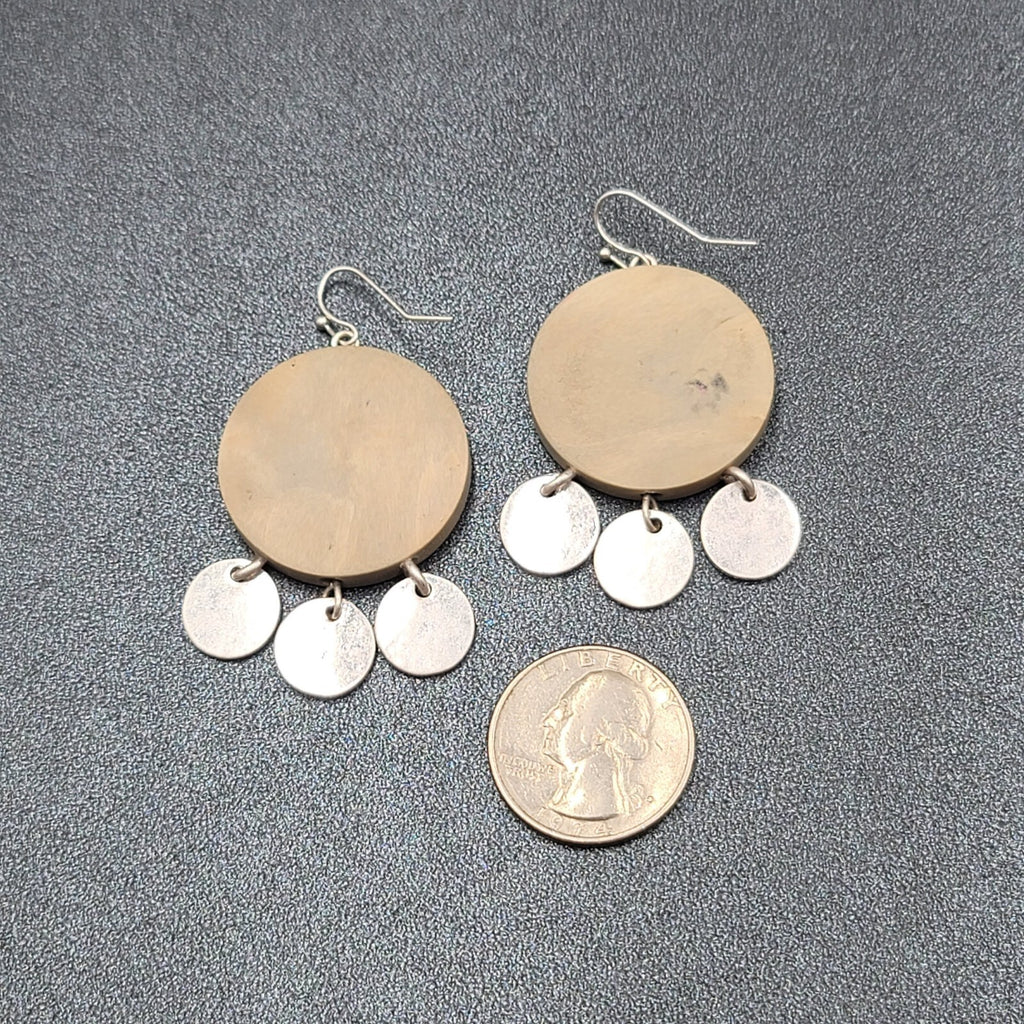 Pierced Earrings Round Wood Silver tone Discs 1.75"