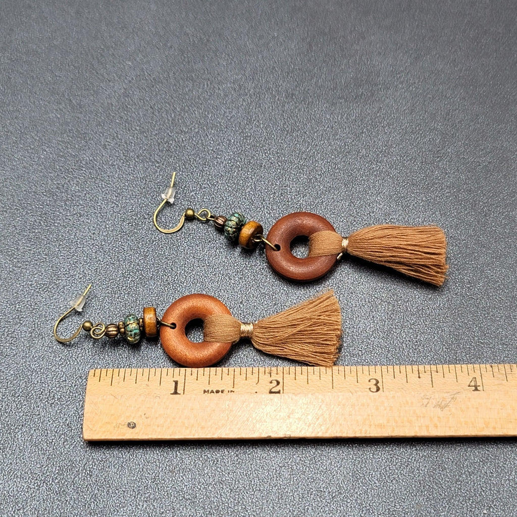 New Boho Pierced Earrings Bronze tone Wood Ring Tassel Dangle 2.25"