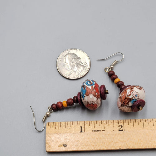 Beaded Pierced Earrings Wood Flower Bead Dangle 1 5/8"