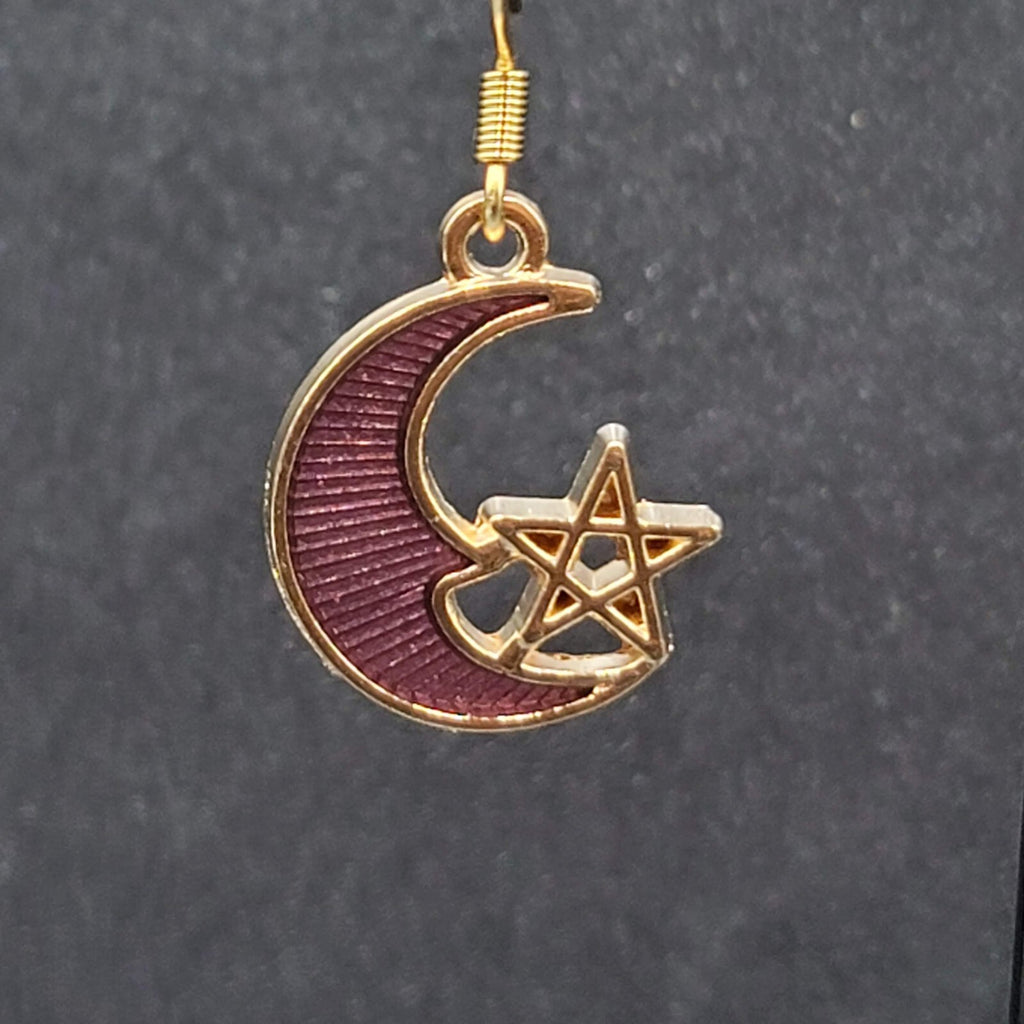 New Moon Star Pierced Earrings Gold tone Purple Enamel Dangle 3/4"