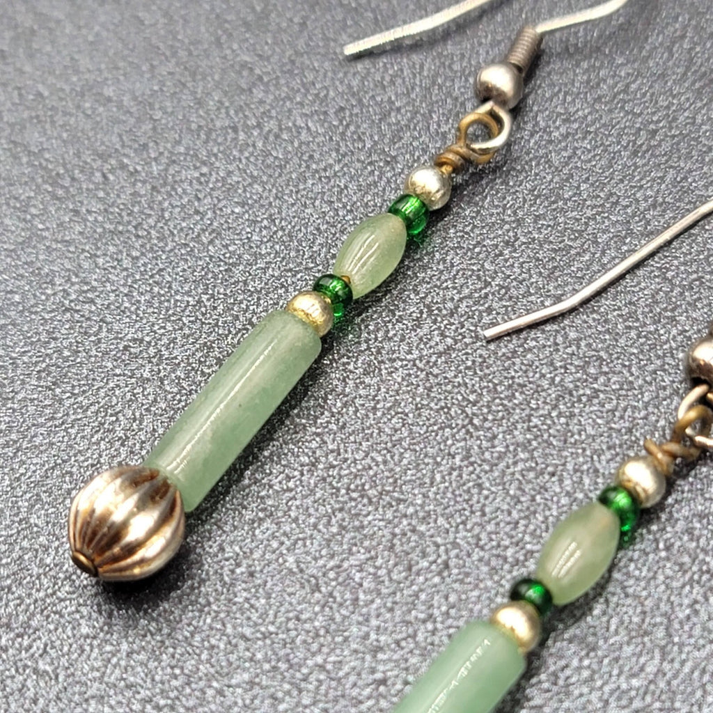 Pierced Earrings Silver tone Jade Beaded Long Thin Dangle  1.5"