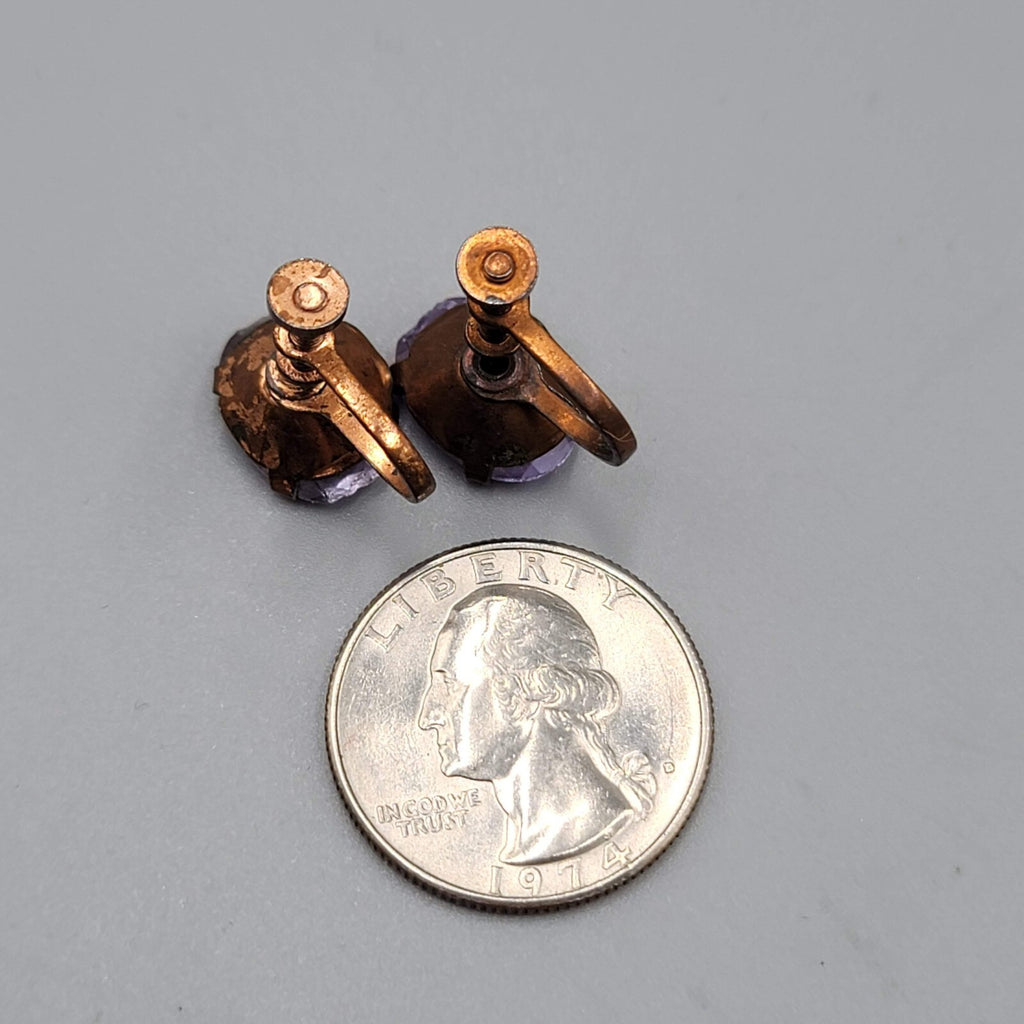 Vintage Clip on Earrings Bronze tone Purple Unknown Stud Screw Back 1/2"