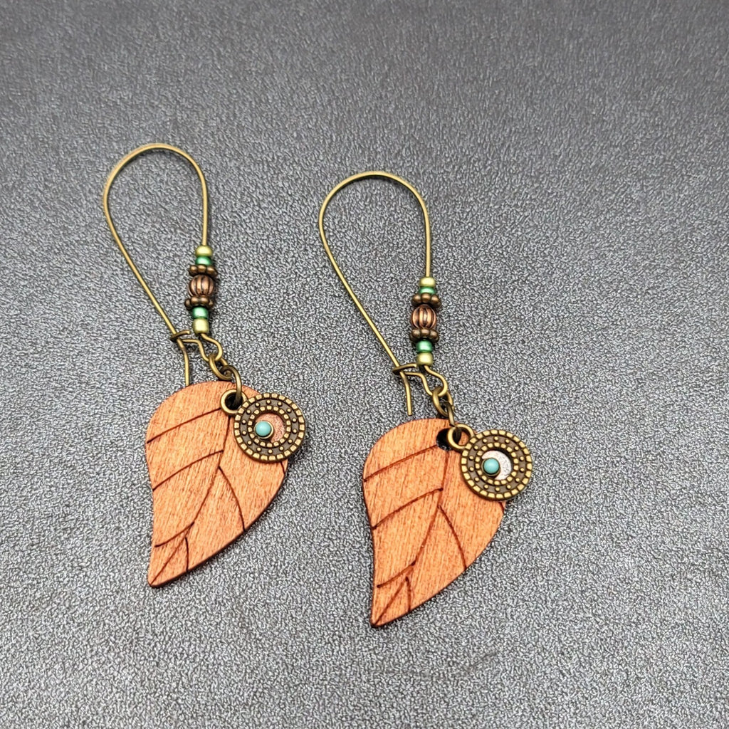 New Boho Pierced Earrings Gold tone Wood Leaf Beaded Dangle 2.75"