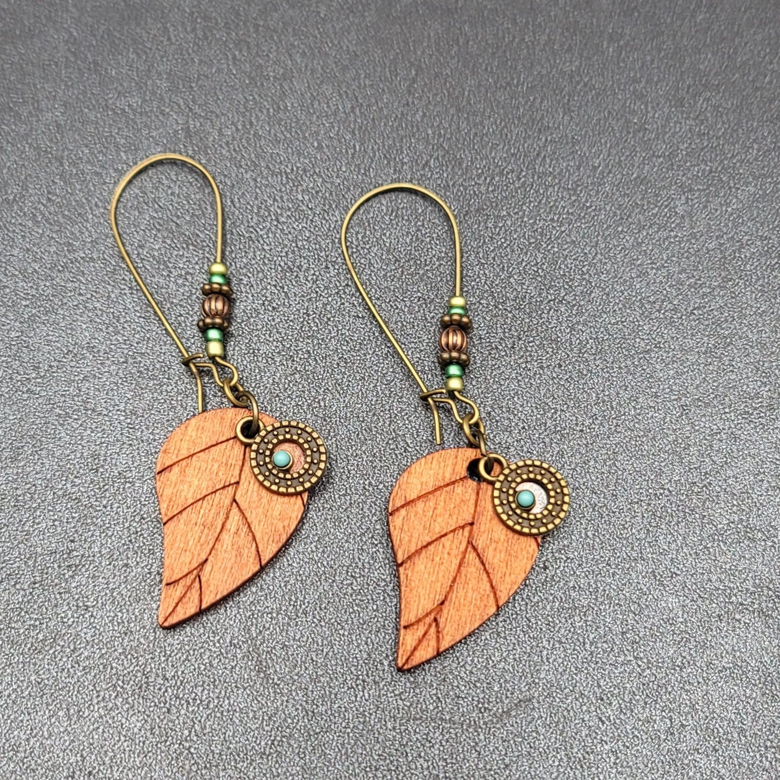 New Boho Pierced Earrings Gold tone Wood Leaf Beaded Dangle 2.75"