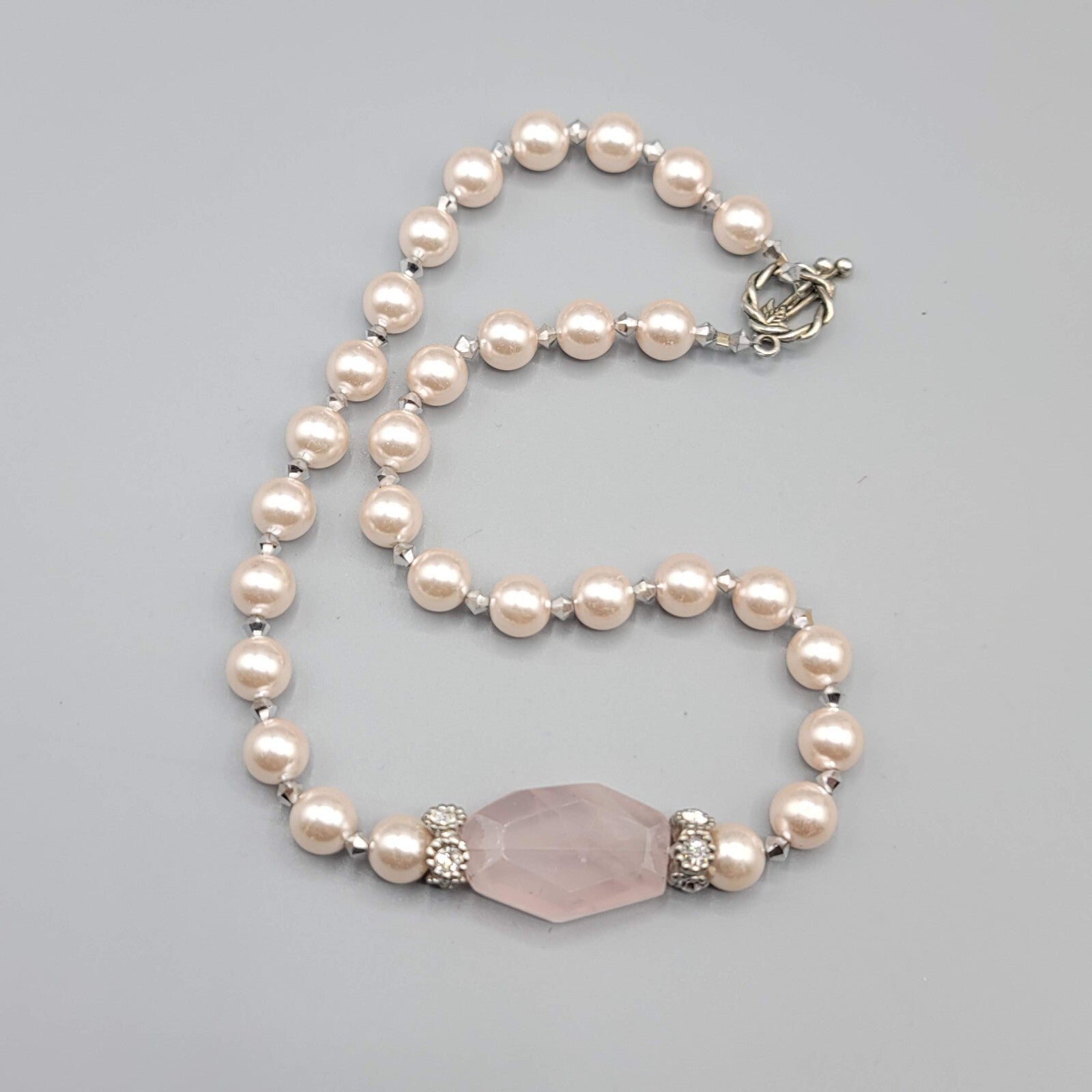 Pink Stone Bead Necklace Faux Pearl Silver tone Toggle Closure 18"