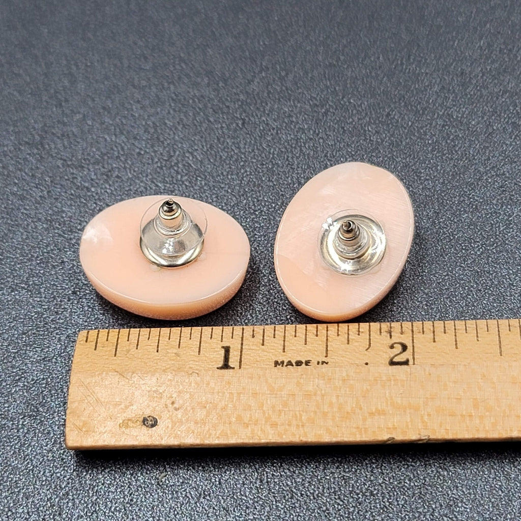 Vintage Pierced Earrings Light Pink Swirl Resin Molded Oval Drop 1" x 3/4"