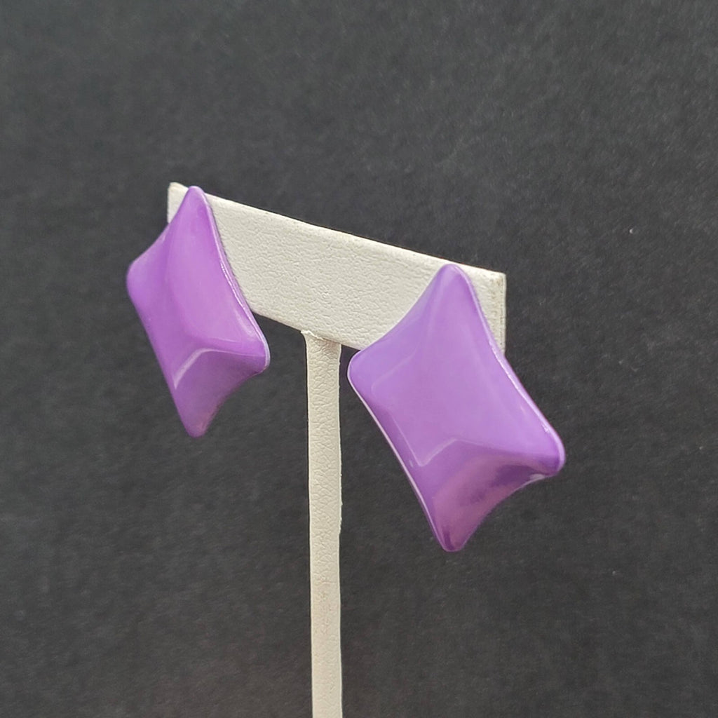 Vintage Pierced Earrings 80s Geometic Purple Enamel over Metal Drop 1 3/8"