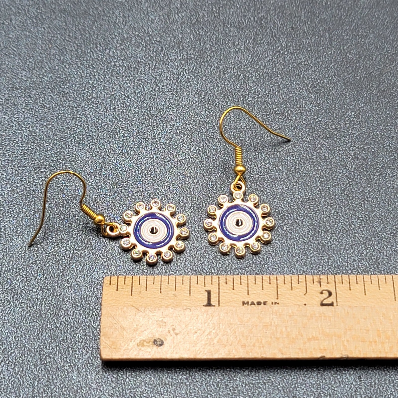 New Evil Eye Rhinestone Pierced Earrings Crystal Gold tone Blue Enamel 3/4"