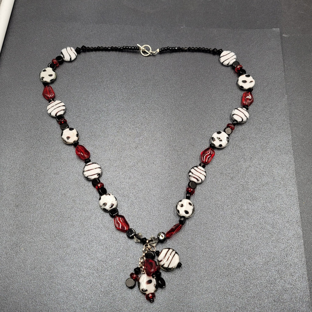 Black White Red Glass Bead Statement Necklace 26 in Toggle Clasp