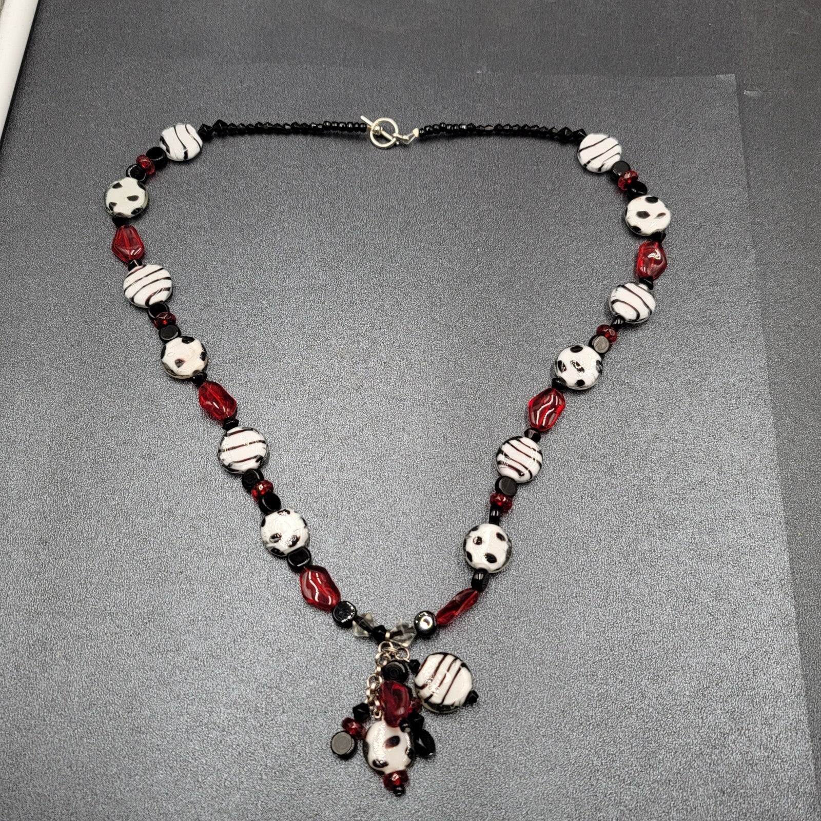 Black White Red Glass Bead Statement Necklace 26 in Toggle Clasp
