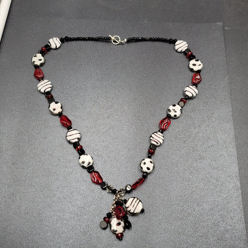 Black White Red Glass Bead Statement Necklace 26 in Toggle Clasp
