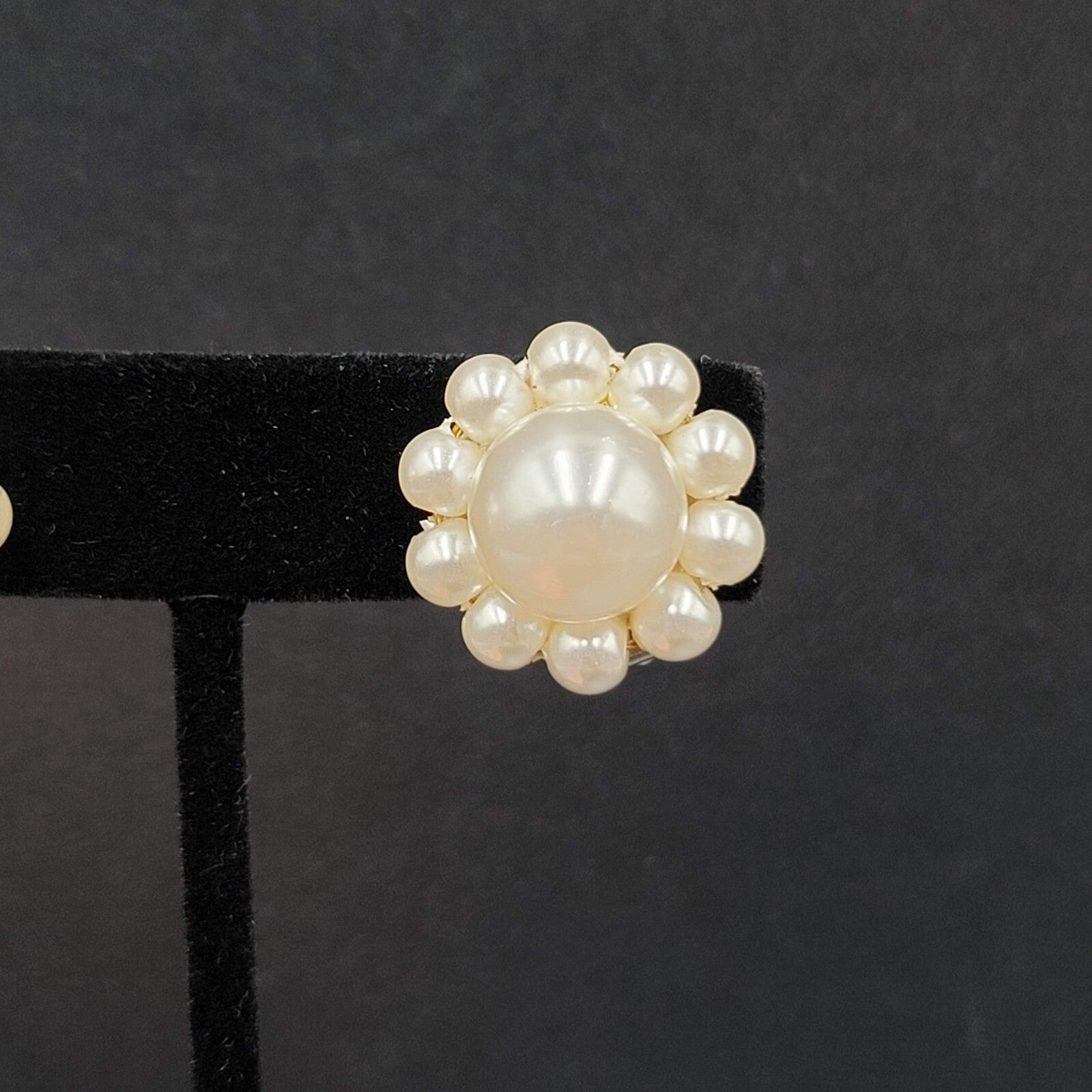 Vintage Clip on Earrings White Acrylic Cluster Bead Estate 7/8"