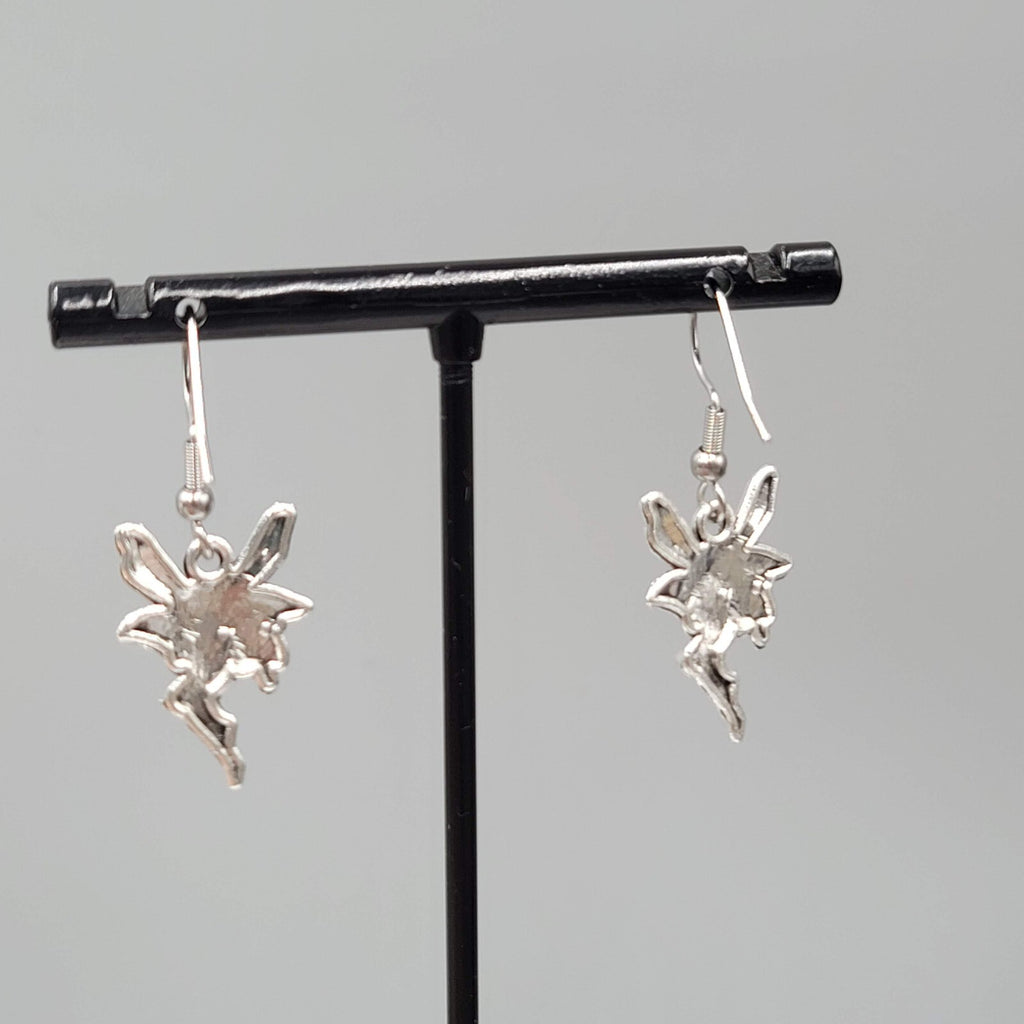 Fairy Pierced Earrings Embossed Silver tone Dangle 3/4"
