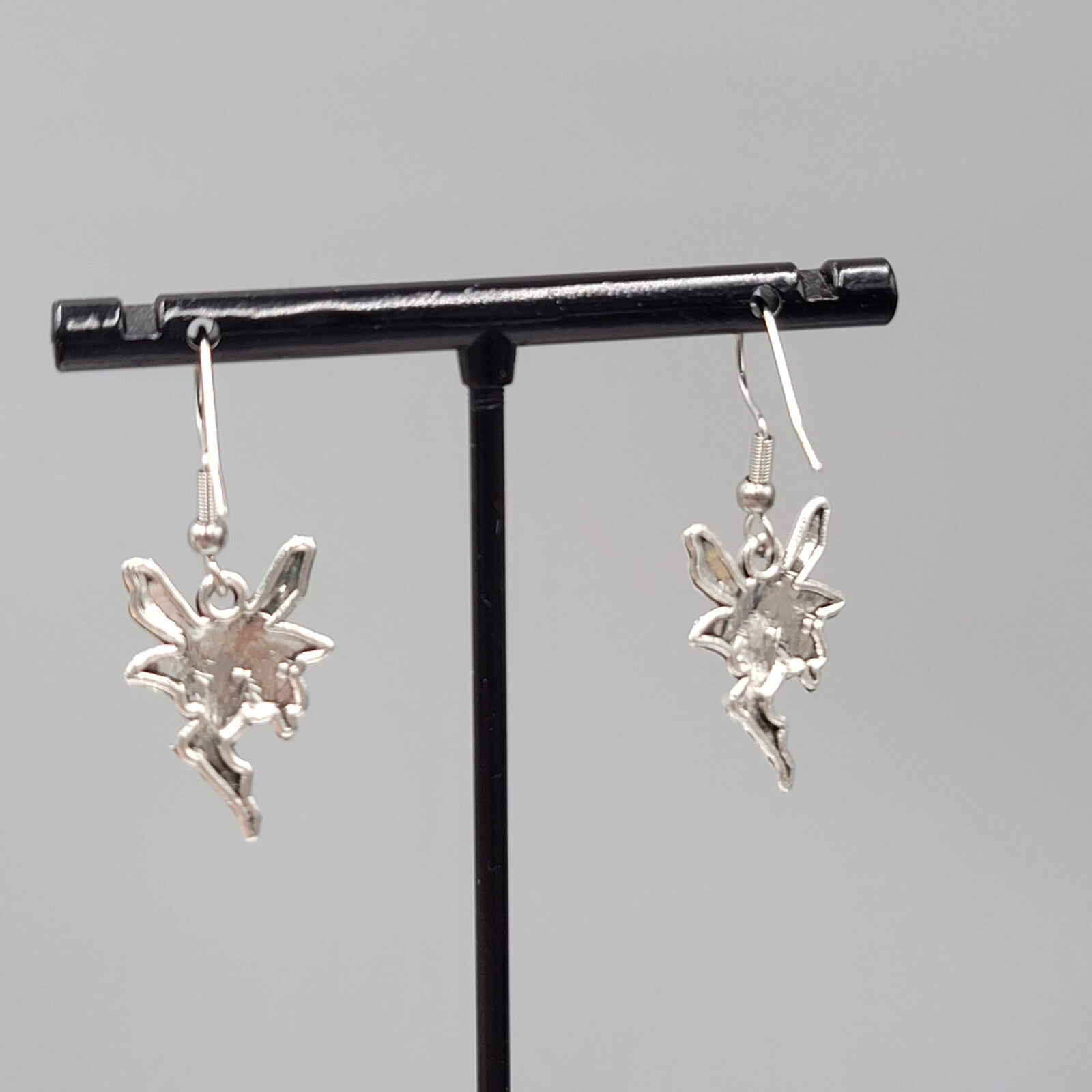 Fairy Pierced Earrings Embossed Silver tone Dangle 3/4"