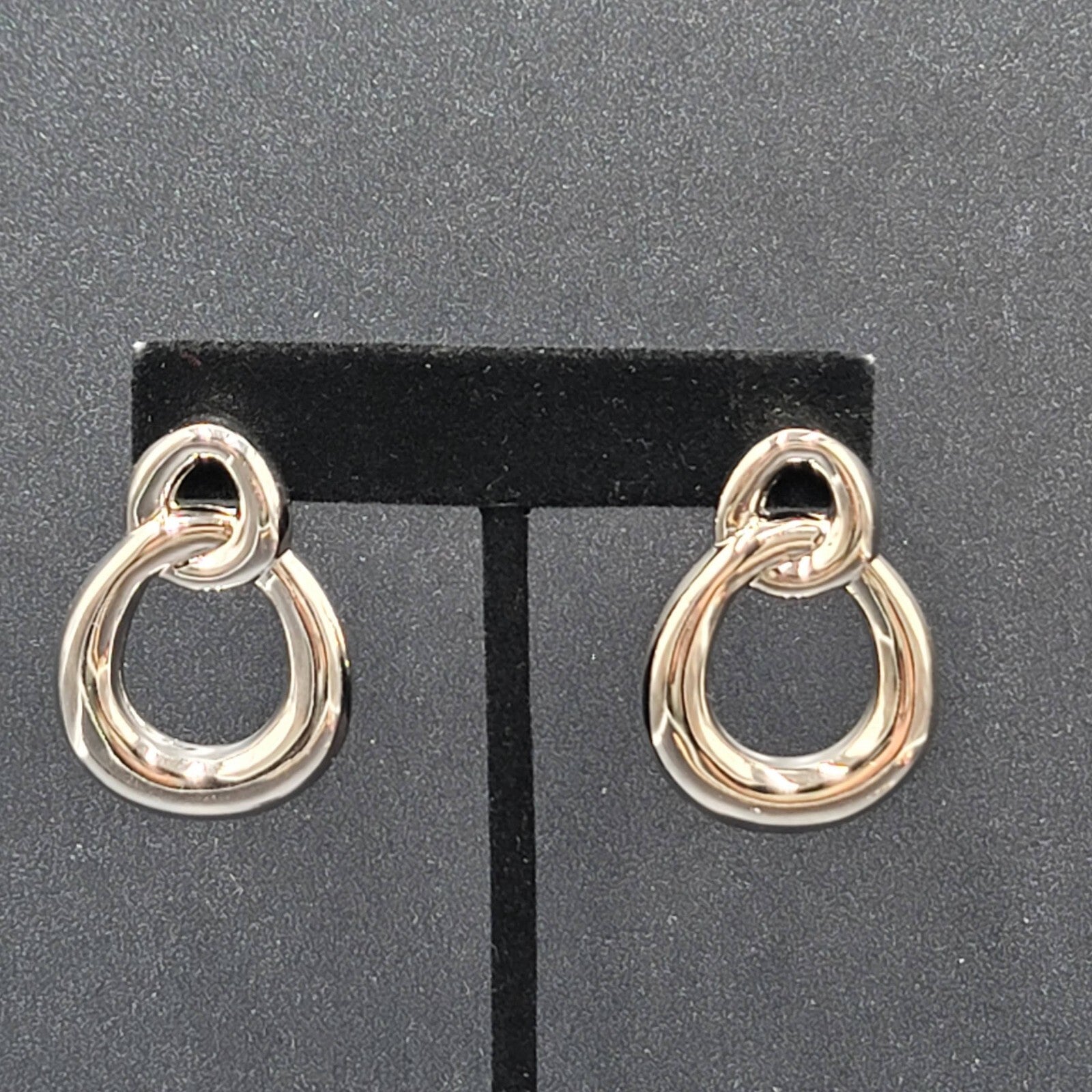 Pierced Earrings High Polish Silver tone Double Loop Drop 1 3/8"