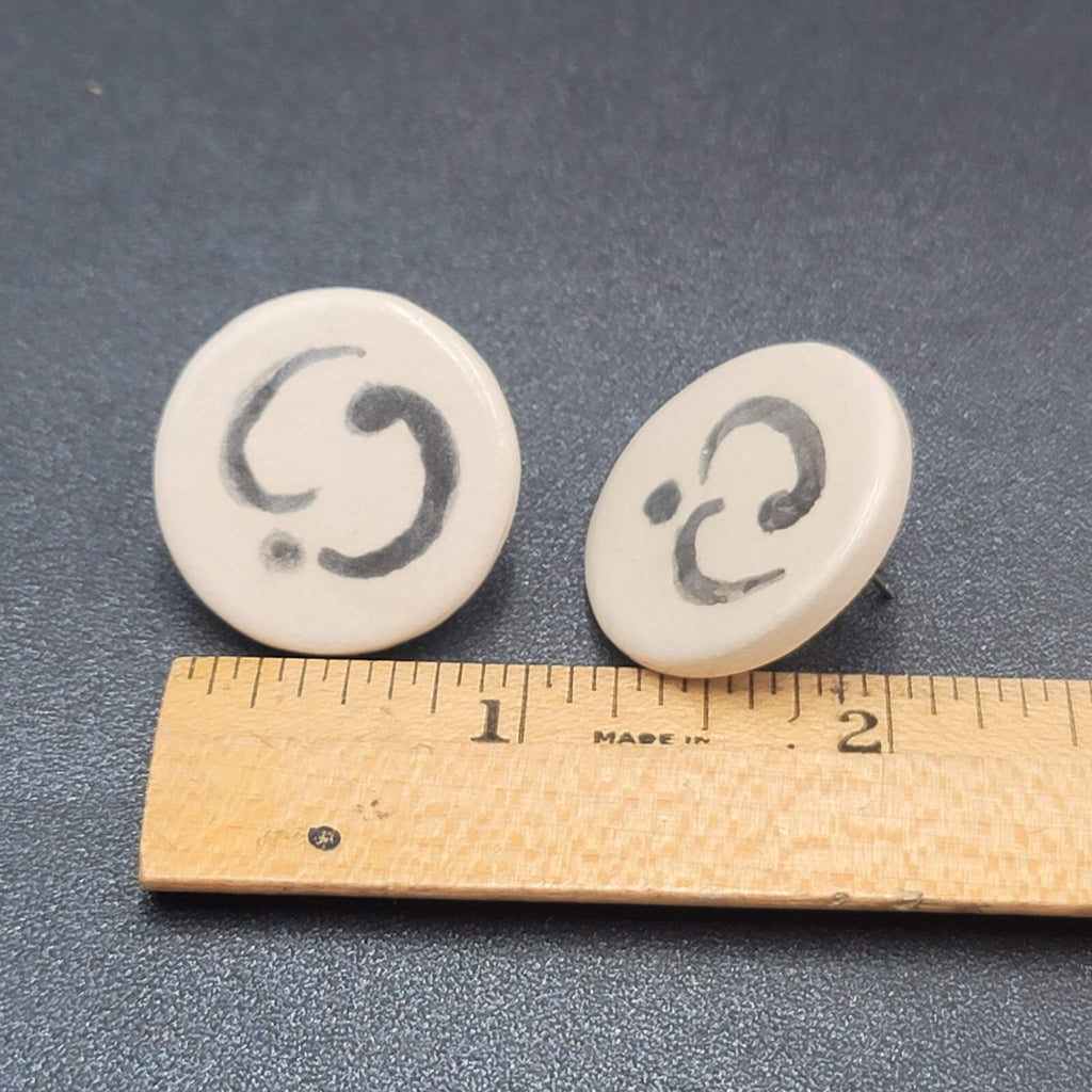 Vintage Pierced Earrings White Clay Hand Painted Black Accent Drop 1"