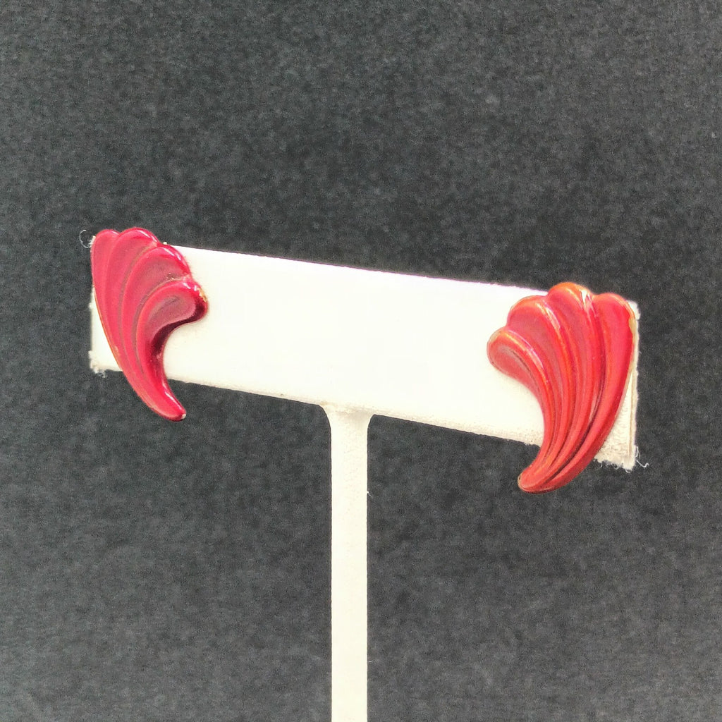 Vintage Pierced Earrings Red Enamel Textured Small Drop 3/4"