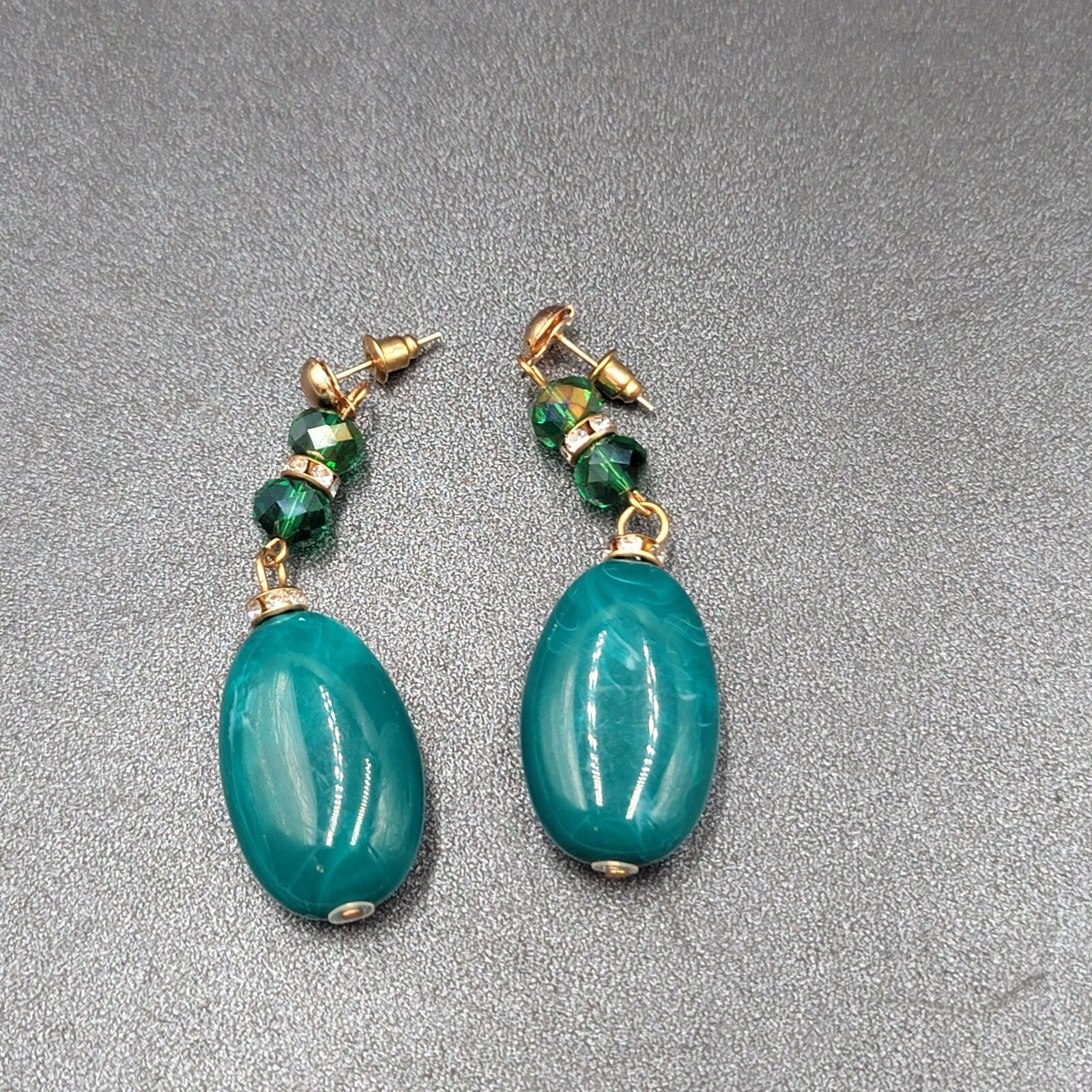 Vintage Pierced Earrings Green Acrylic Bead Dangle Rhinestones 2.5"