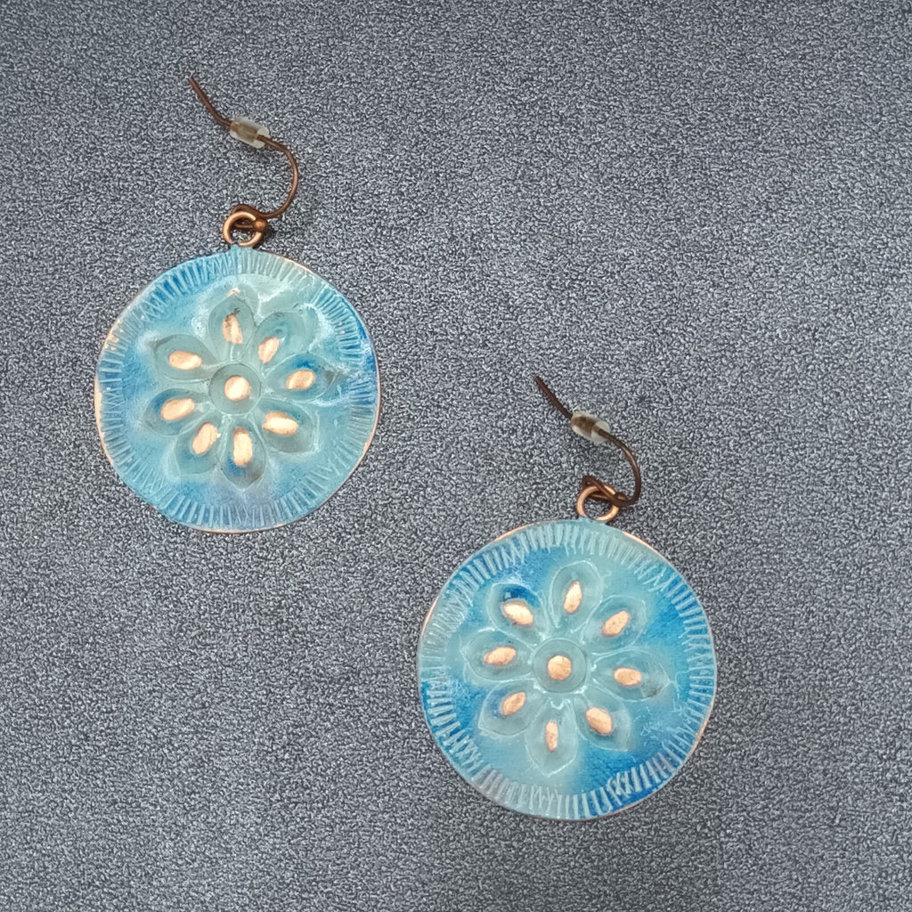 Pierced Earrings Copper tone Blue Enamel Flower Embossed Discs Dangle Boho 1.25"