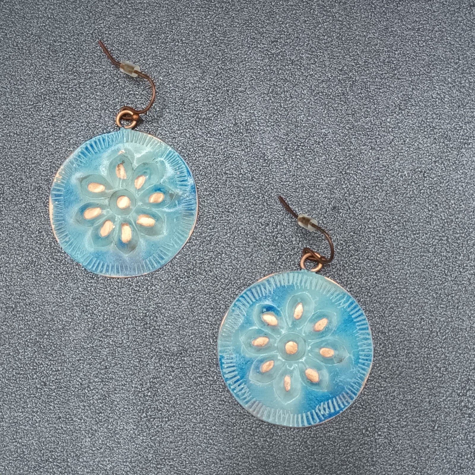 Pierced Earrings Copper tone Blue Enamel Flower Embossed Discs Dangle Boho 1.25"