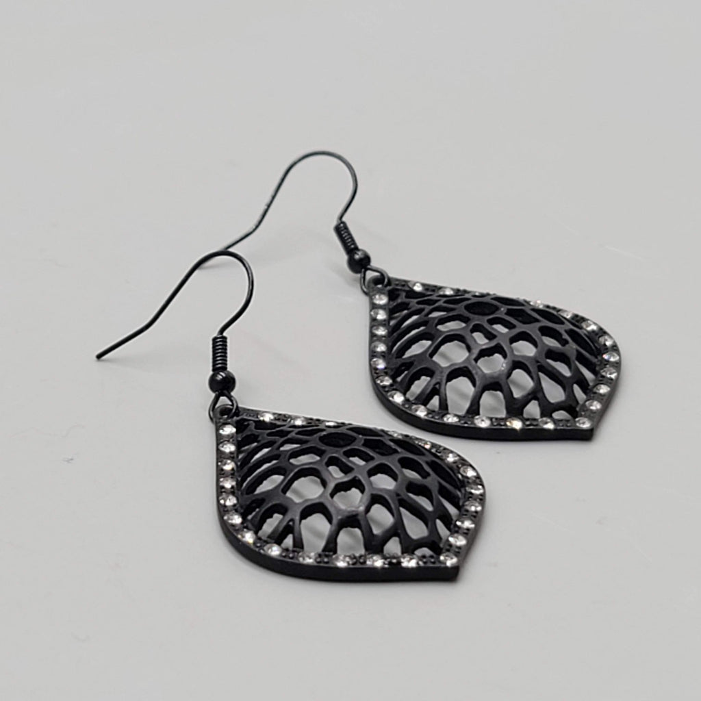 Black Enamel Pierced Earrings Crystal Rhinestone Dangle 1.5"