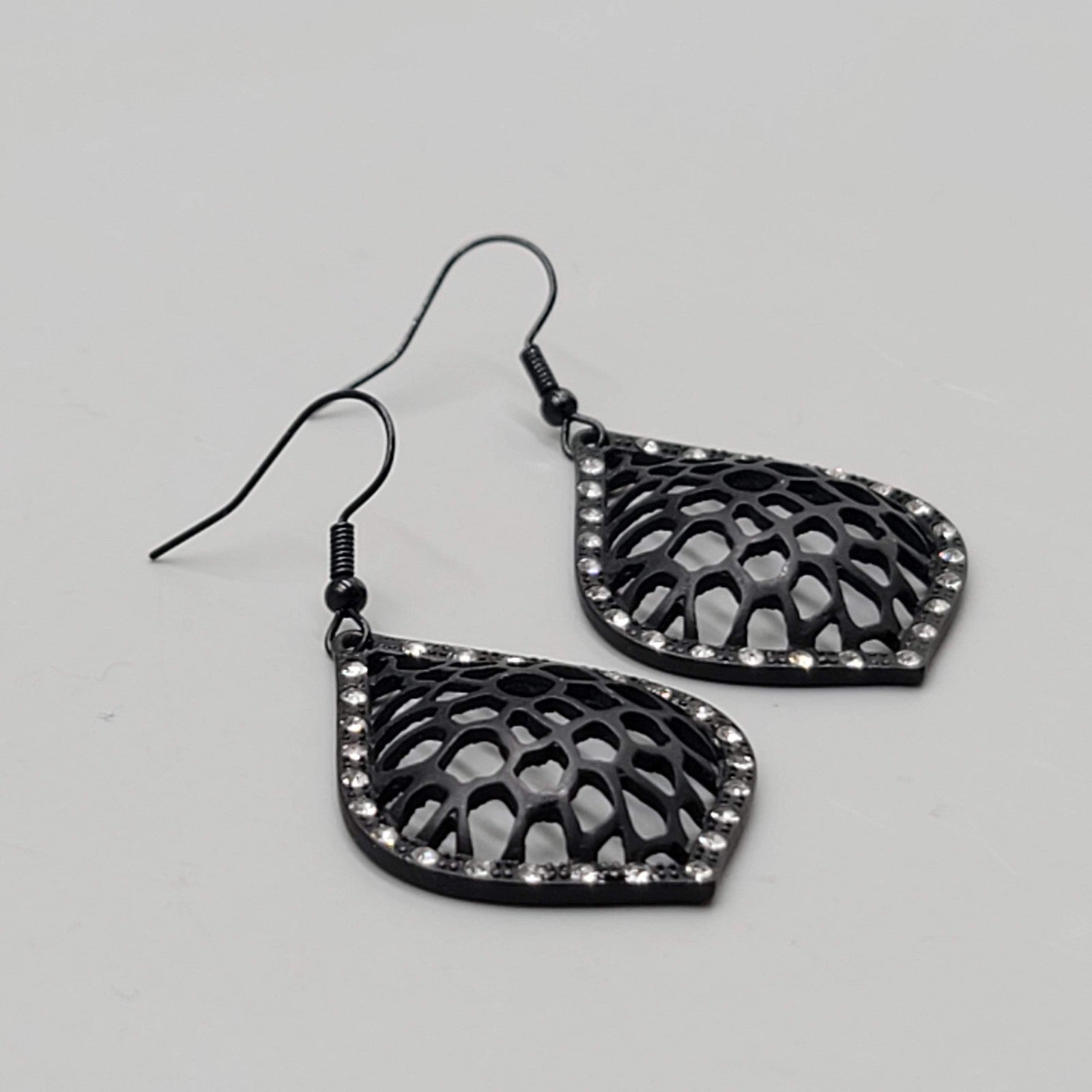 Black Enamel Pierced Earrings Crystal Rhinestone Dangle 1.5"