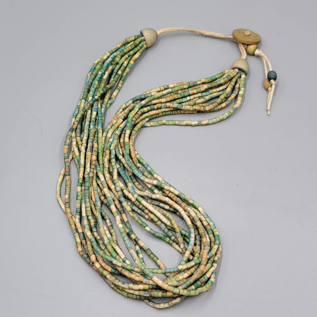 Multistrand Green Tan Bead Necklace Coconut Button Closure Adj 18"-20"