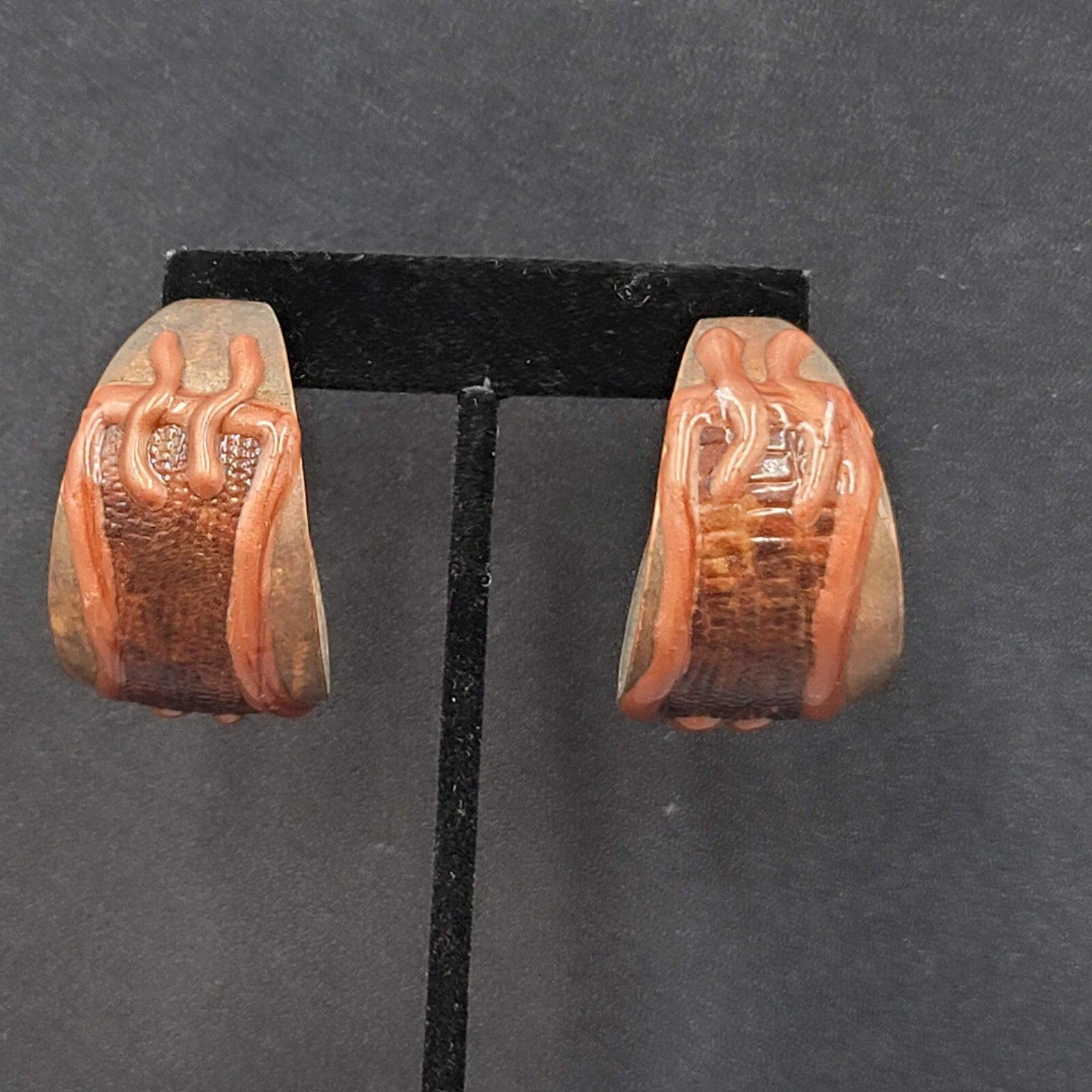 Vintage Pierced Earrings Large Wide Hoops Hand Painted Brown 1.5"