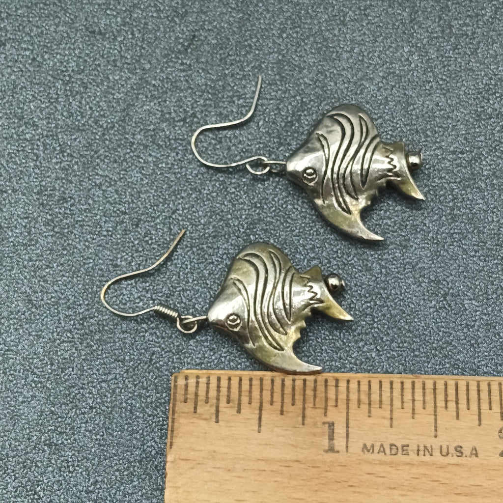 Vintage Pierced Earrings Silver tone Angel Fish Bead Statement Dangle 7/8"