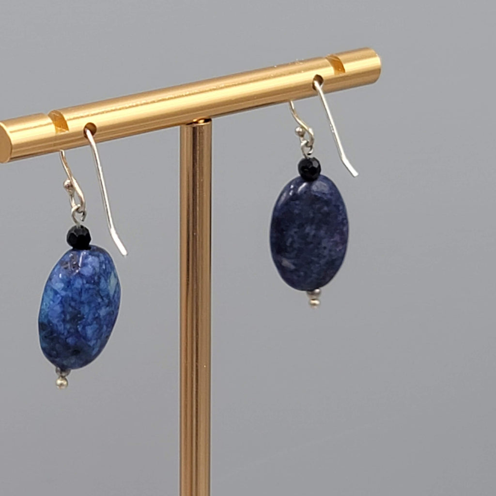 Blue Lapis Oval Stone Bead Pierced Earrings Silver tone Dangle 3/4"
