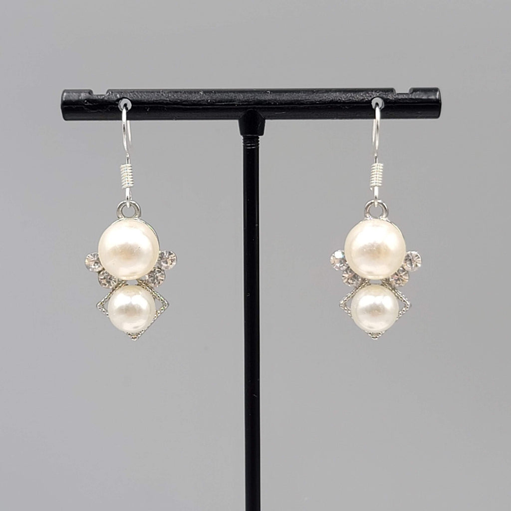Pierced Earrings Silver tone Faux Pearl White Bead Rhinestone Dangle 7/8"