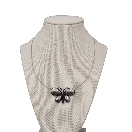 Butterfly Pendant Necklace Wire Silver tone 18"+