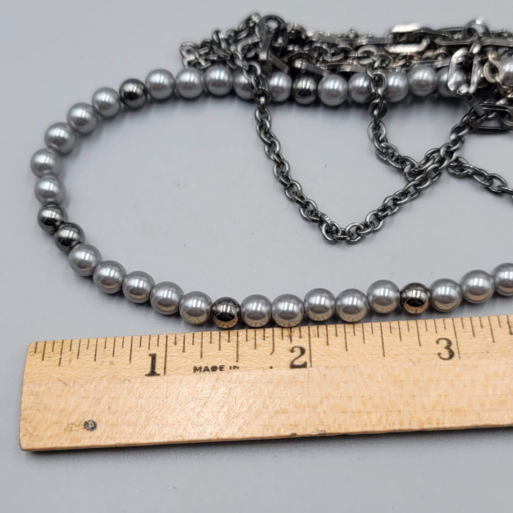 Black Metal Chains Gray Faux Pearl Necklace  Multi Strand 16"-19"