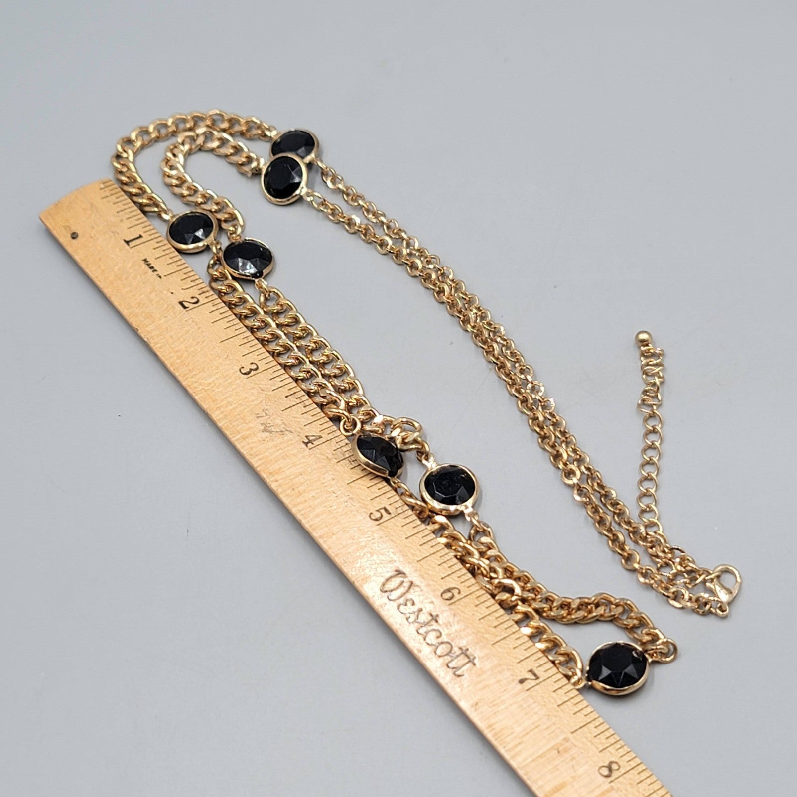 Black Glass Station Bead Necklace Gold tone Chain 36"